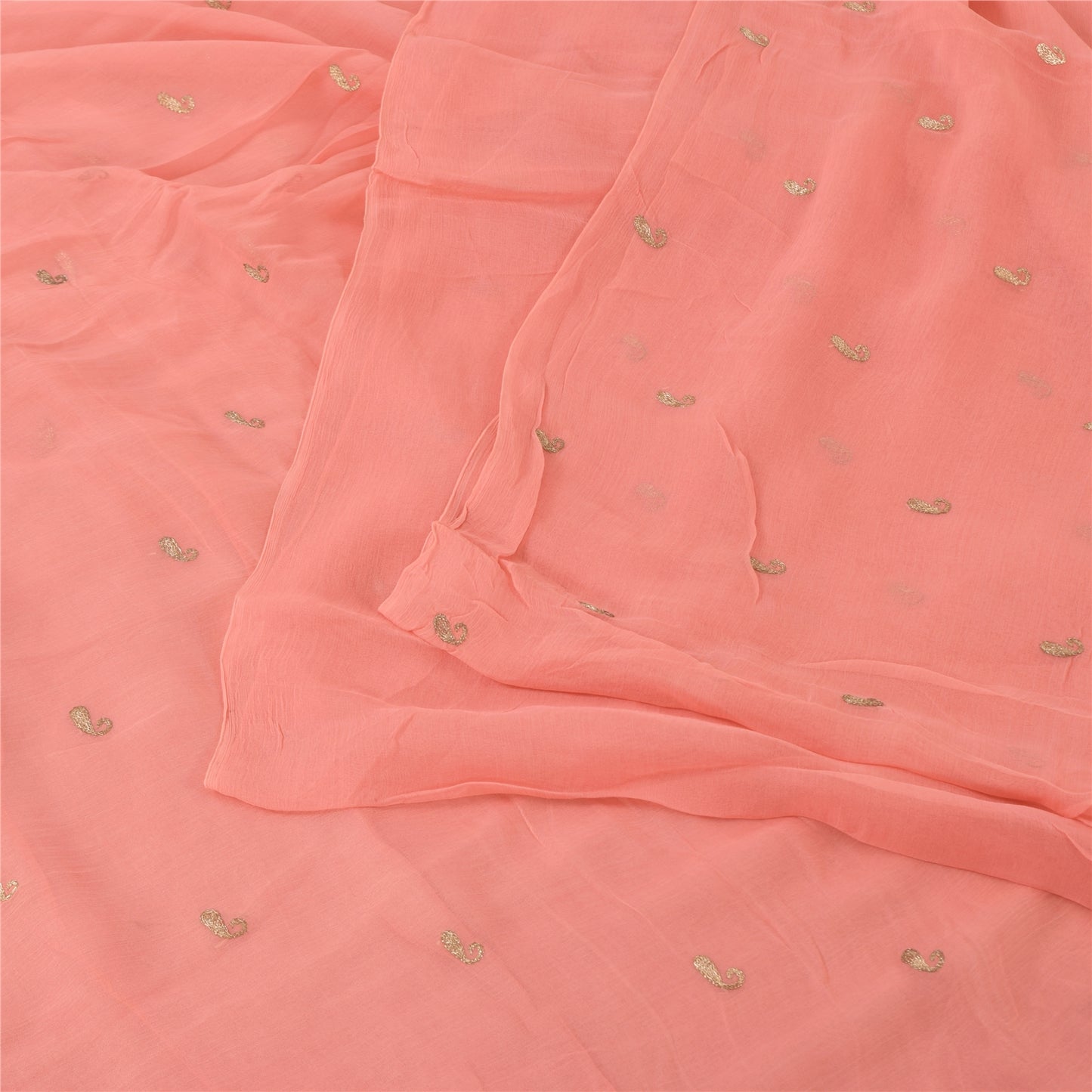 Sanskriti Vintage Sarees Peach Embroidery Pure Chiffon Silk Sari 6ydCraft Sustainable Fabric