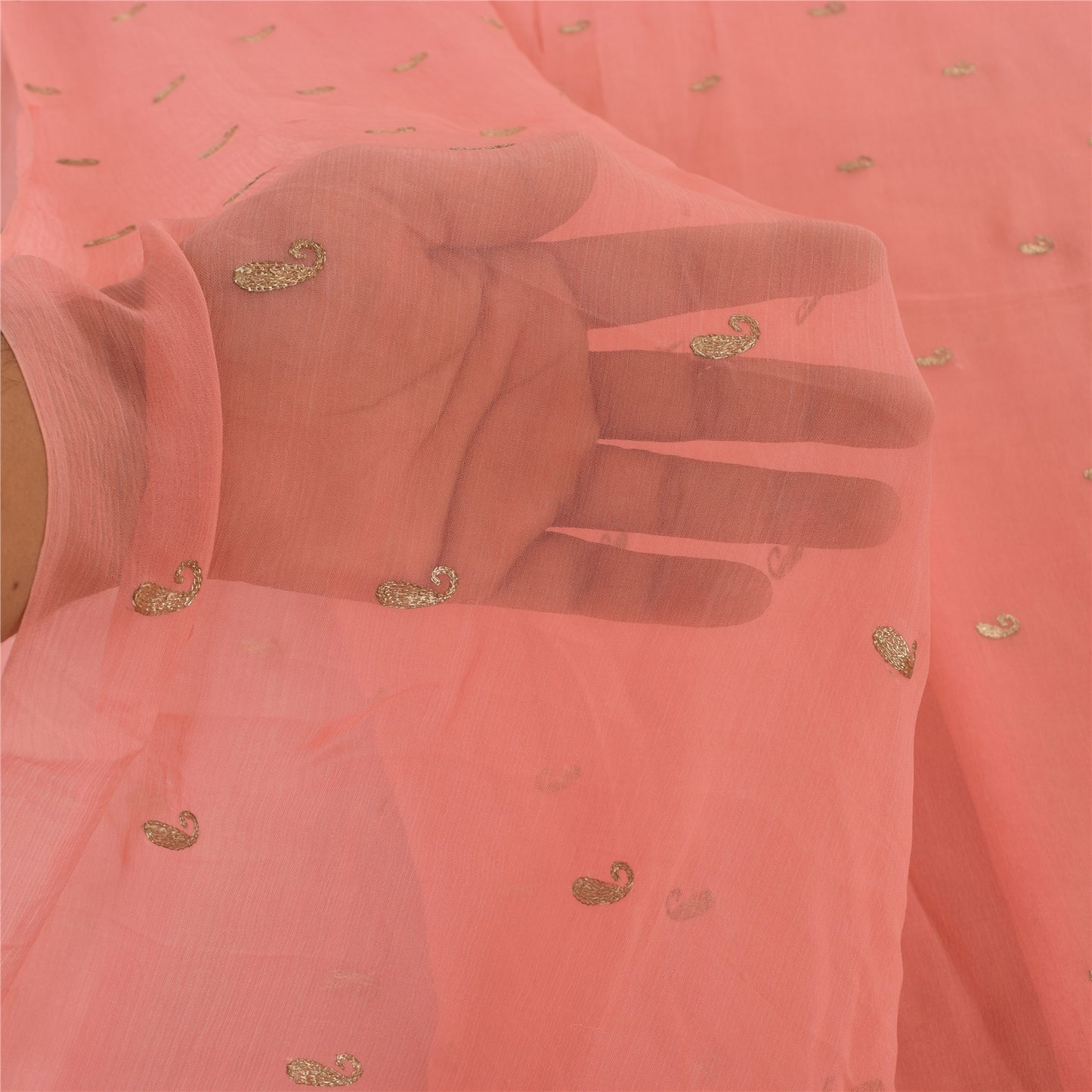 Sanskriti Vintage Sarees Peach Embroidery Pure Chiffon Silk Sari 6ydCraft Sustainable Fabric