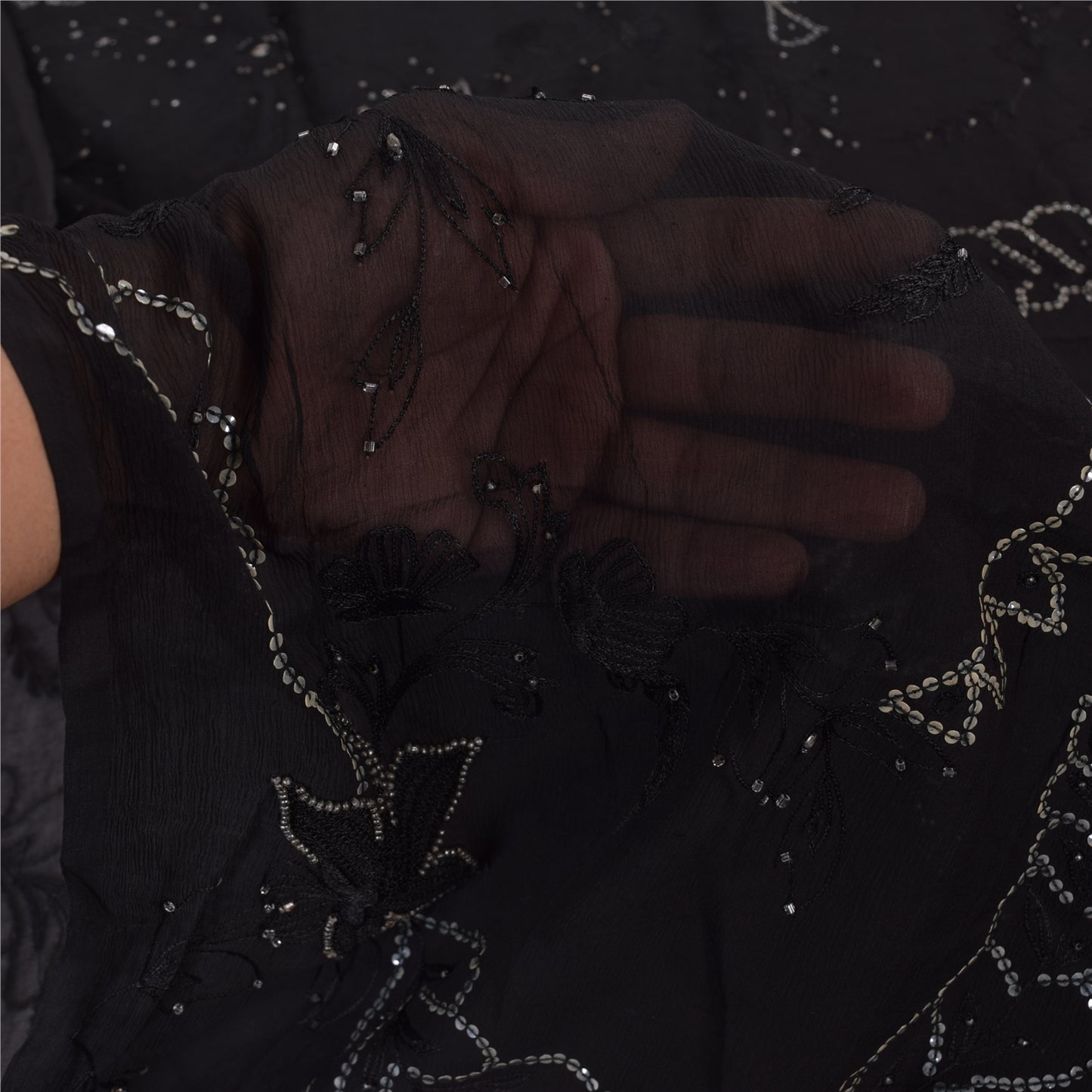 Sanskriti Vintage Black Sarees Pure Chiffon Silk Hand Beaded Sari Mukiesh Sustainable Fabric