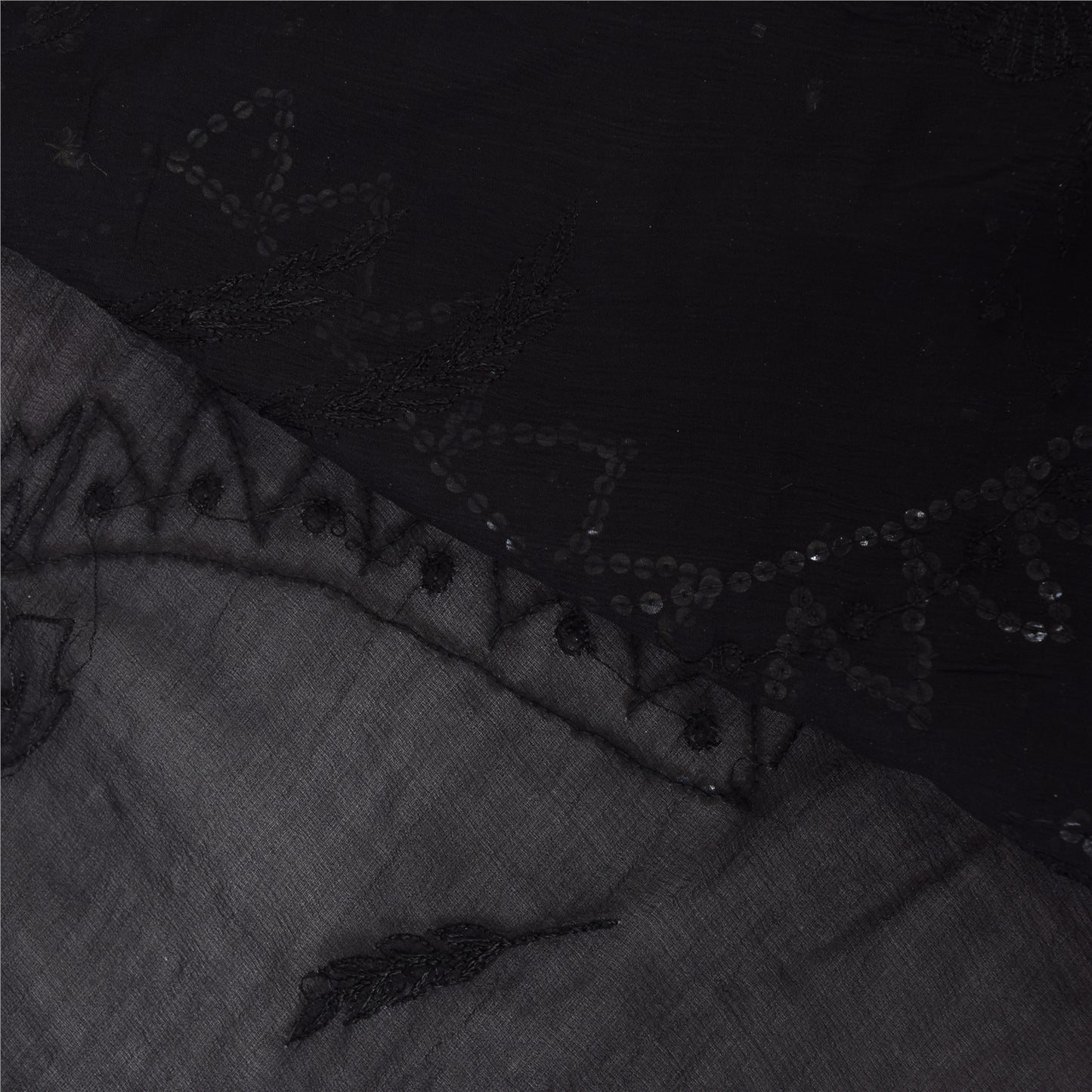 Sanskriti Vintage Black Sarees Pure Chiffon Silk Hand Beaded Sari Mukiesh Sustainable Fabric