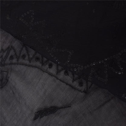 Sanskriti Vintage Black Sarees Pure Chiffon Silk Hand Beaded Sari Mukiesh Sustainable Fabric