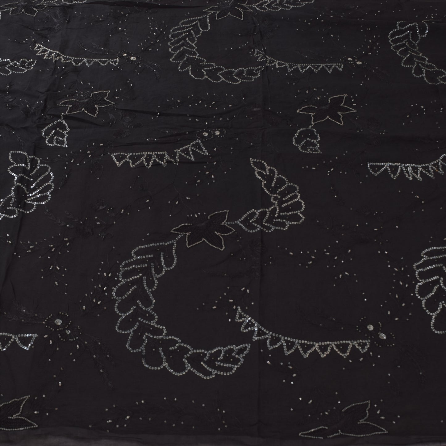 Sanskriti Vintage Black Sarees Pure Chiffon Silk Hand Beaded Sari Mukiesh Sustainable Fabric