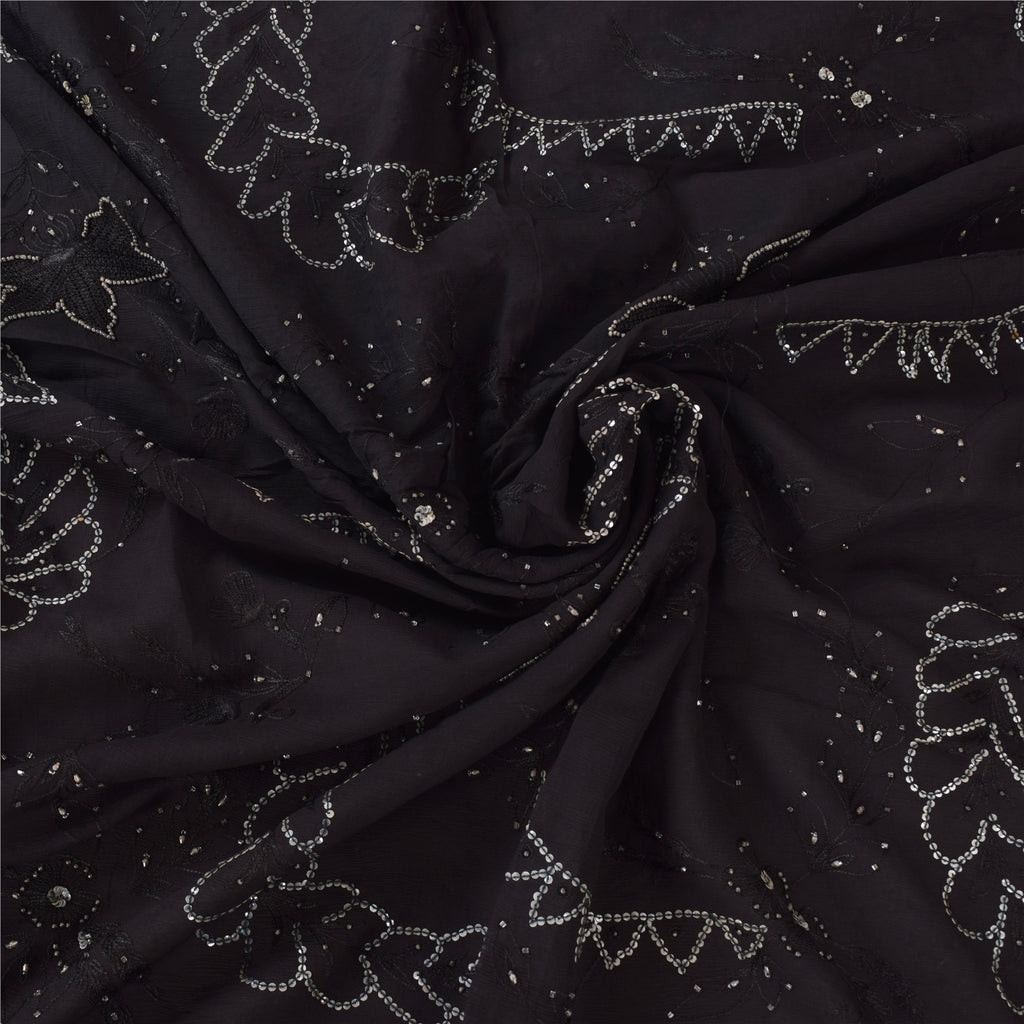Sanskriti Vintage Black Sarees Pure Chiffon Silk Hand Beaded Sari Mukiesh Sustainable Fabric
