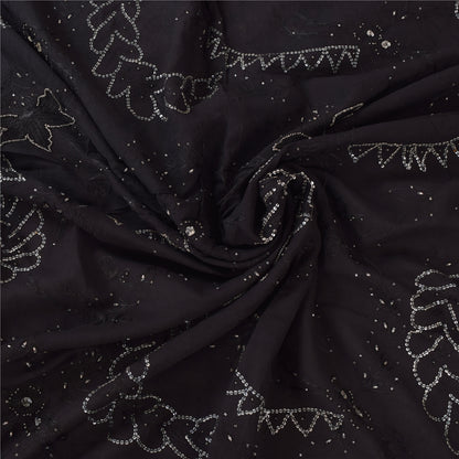 Sanskriti Vintage Black Sarees Pure Chiffon Silk Hand Beaded Sari Mukiesh Sustainable Fabric