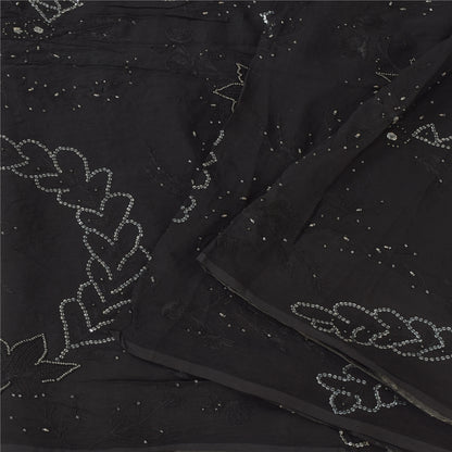Sanskriti Vintage Black Sarees Pure Chiffon Silk Hand Beaded Sari Mukiesh Sustainable Fabric