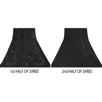 Sanskriti Vintage Black Sarees Pure Chiffon Silk Hand Beaded Sari Mukiesh Sustainable Fabric