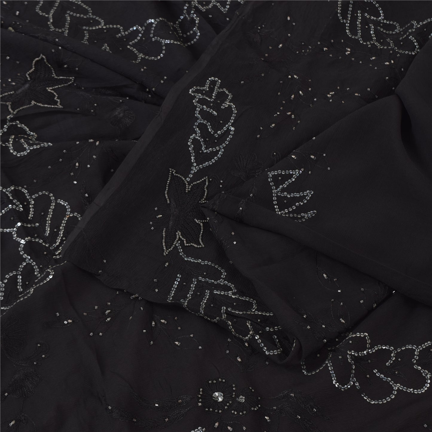 Sanskriti Vintage Black Sarees Pure Chiffon Silk Hand Beaded Sari Mukiesh Sustainable Fabric