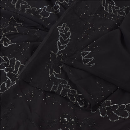 Sanskriti Vintage Black Sarees Pure Chiffon Silk Hand Beaded Sari Mukiesh Sustainable Fabric