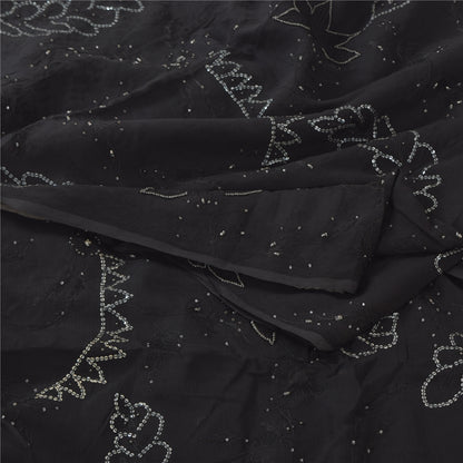 Sanskriti Vintage Black Sarees Pure Chiffon Silk Hand Beaded Sari Mukiesh Sustainable Fabric