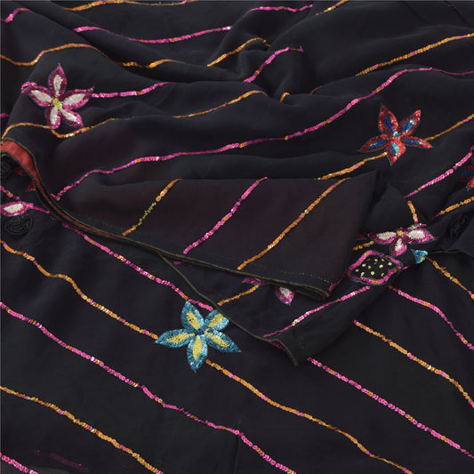 Sanskriti Vintage Black Sarees Pure Silk Hand Beaded Premium Sari Craft Sustainable Fabric