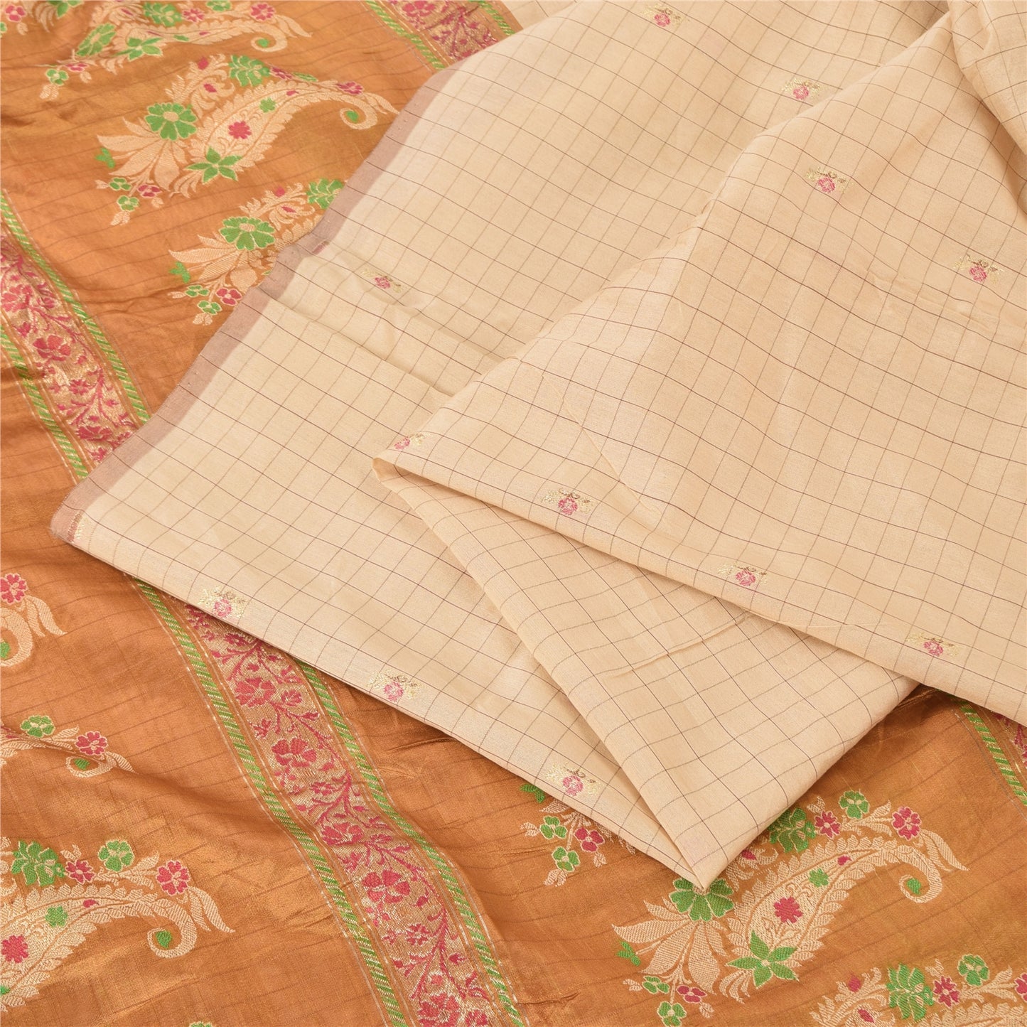 Sanskriti Vintage Golden/Ivory Sarees Pure Silk Hand Woven Sari 6yd Craft Sustainable Fabric