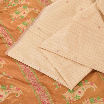 Sanskriti Vintage Golden/Ivory Sarees Pure Silk Hand Woven Sari 6yd Craft Sustainable Fabric