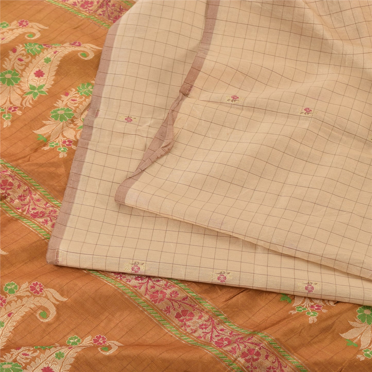 Sanskriti Vintage Golden/Ivory Sarees Pure Silk Hand Woven Sari 6yd Craft Sustainable Fabric