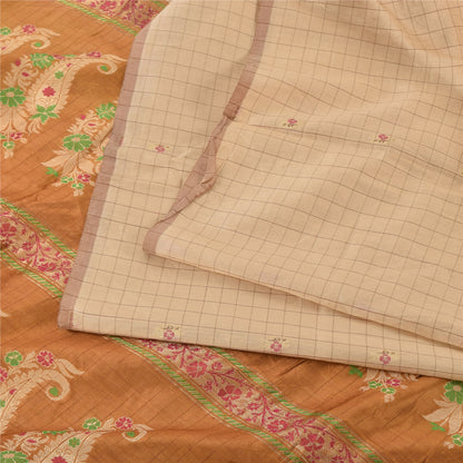 Sanskriti Vintage Golden/Ivory Sarees Pure Silk Hand Woven Sari 6yd Craft Sustainable Fabric