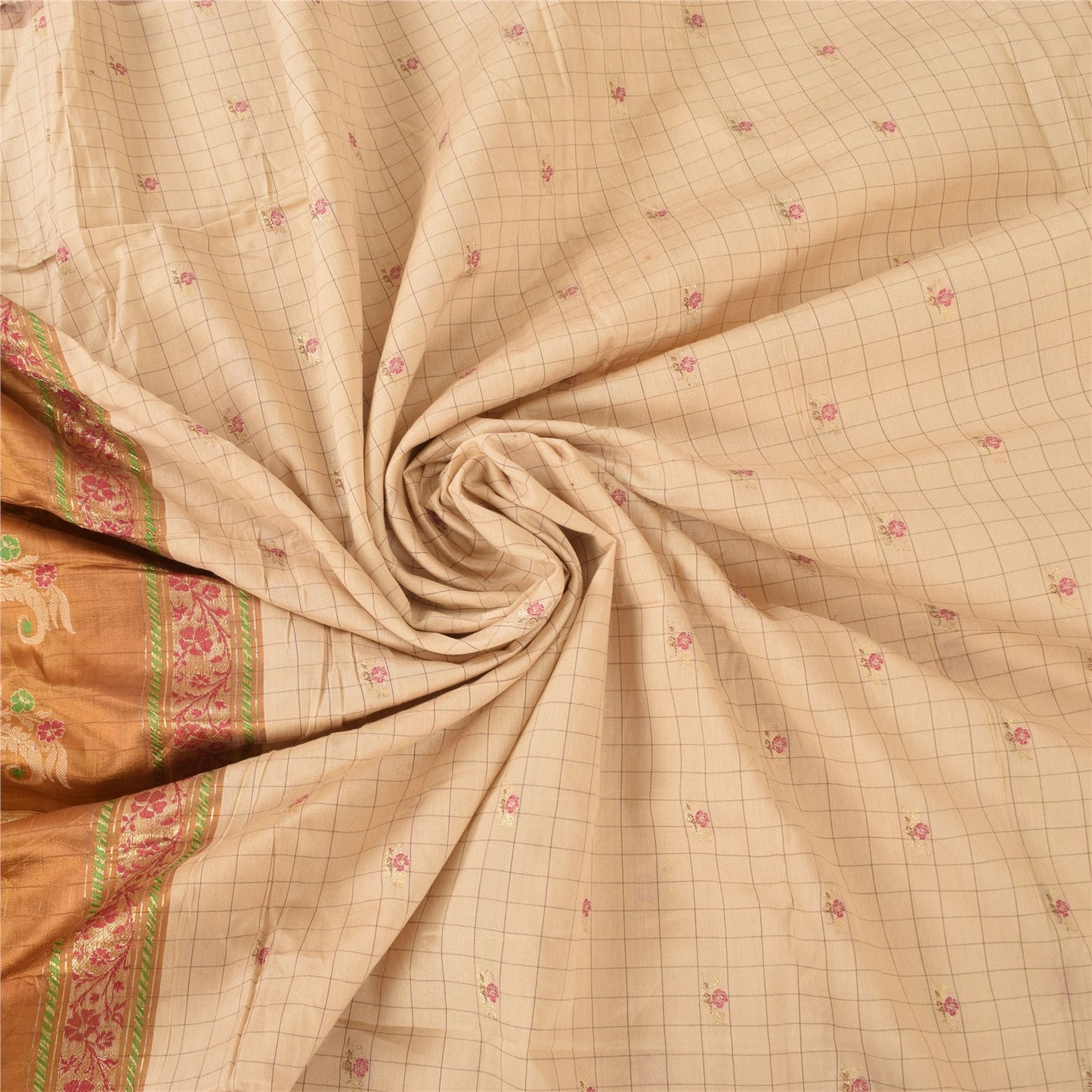 Sanskriti Vintage Golden/Ivory Sarees Pure Silk Hand Woven Sari 6yd Craft Sustainable Fabric