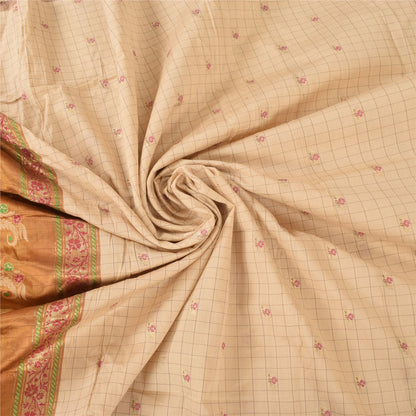Sanskriti Vintage Golden/Ivory Sarees Pure Silk Hand Woven Sari 6yd Craft Sustainable Fabric