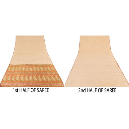 Sanskriti Vintage Golden/Ivory Sarees Pure Silk Hand Woven Sari 6yd Craft Sustainable Fabric