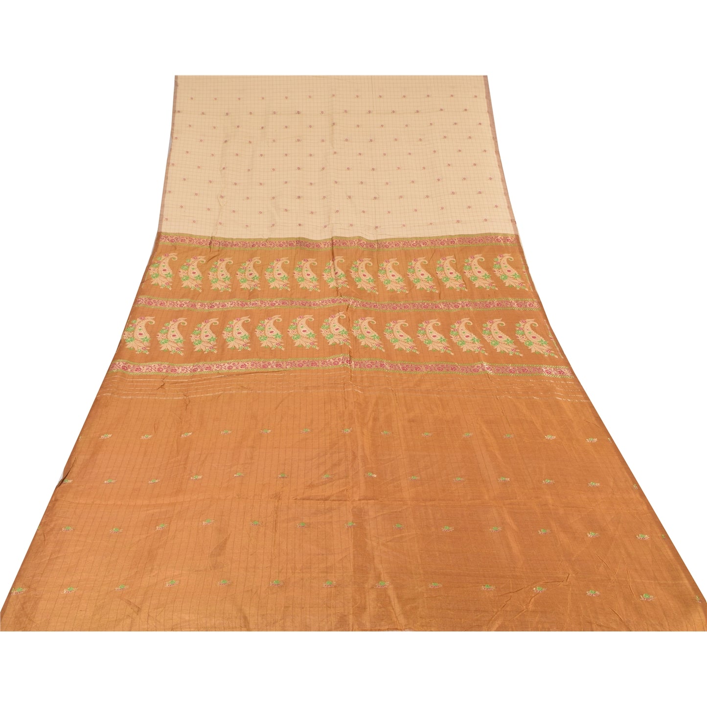 Sanskriti Vintage Golden/Ivory Sarees Pure Silk Hand Woven Sari 6yd Craft Sustainable Fabric