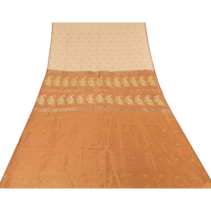 Sanskriti Vintage Golden/Ivory Sarees Pure Silk Hand Woven Sari 6yd Craft Sustainable Fabric