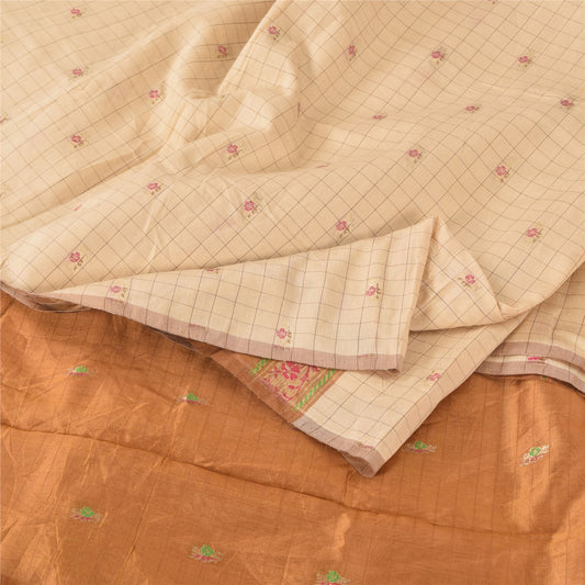 Sanskriti Vintage Golden/Ivory Sarees Pure Silk Hand Woven Sari 6yd Craft Sustainable Fabric
