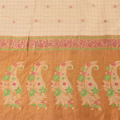 Sanskriti Vintage Golden/Ivory Sarees Pure Silk Hand Woven Sari 6yd Craft Sustainable Fabric