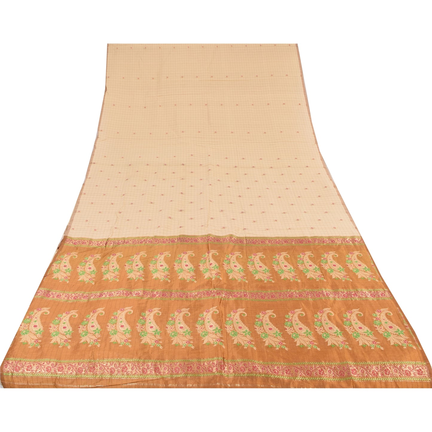 Sanskriti Vintage Golden/Ivory Sarees Pure Silk Hand Woven Sari 6yd Craft Sustainable Fabric