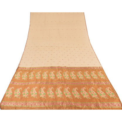 Sanskriti Vintage Golden/Ivory Sarees Pure Silk Hand Woven Sari 6yd Craft Sustainable Fabric