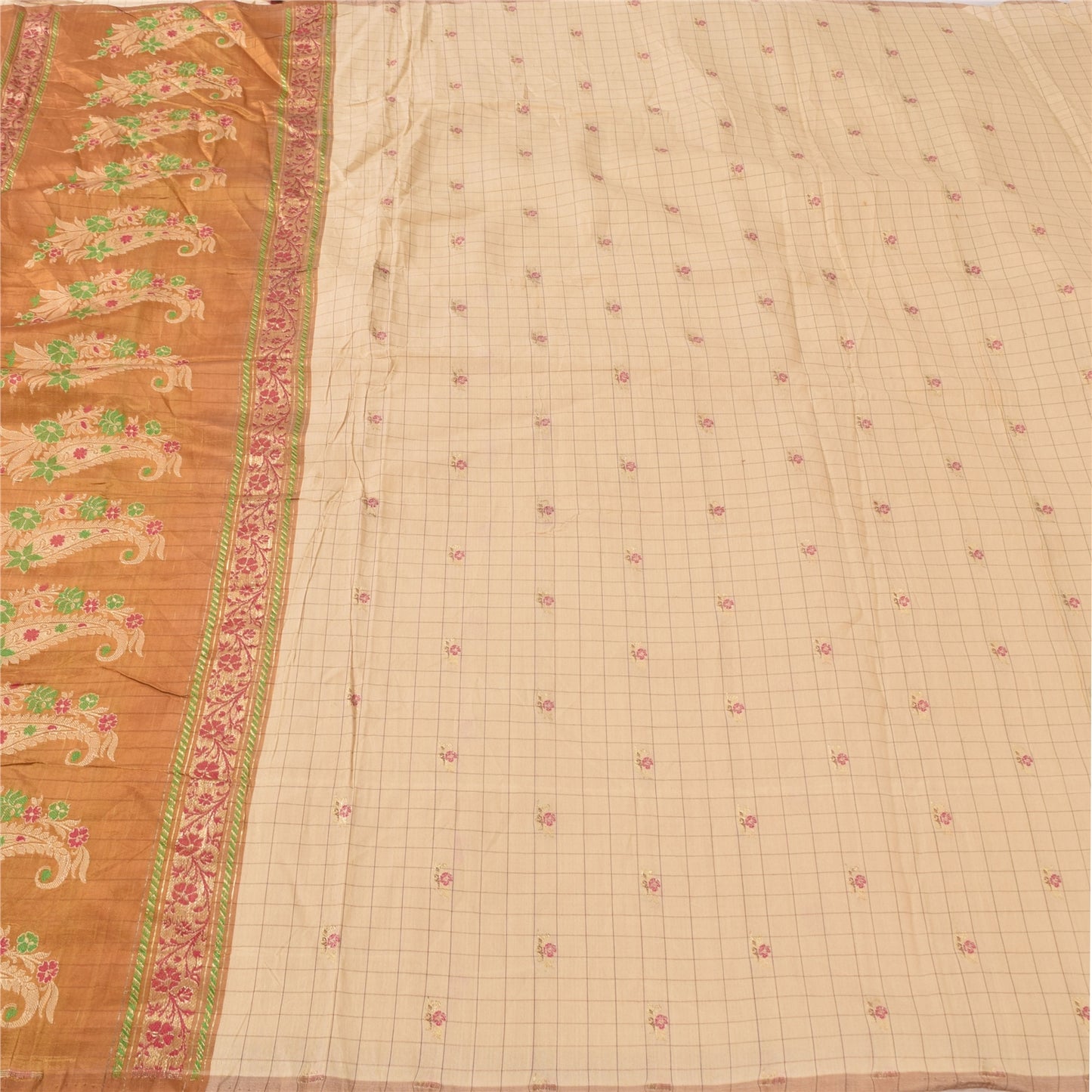 Sanskriti Vintage Golden/Ivory Sarees Pure Silk Hand Woven Sari 6yd Craft Sustainable Fabric