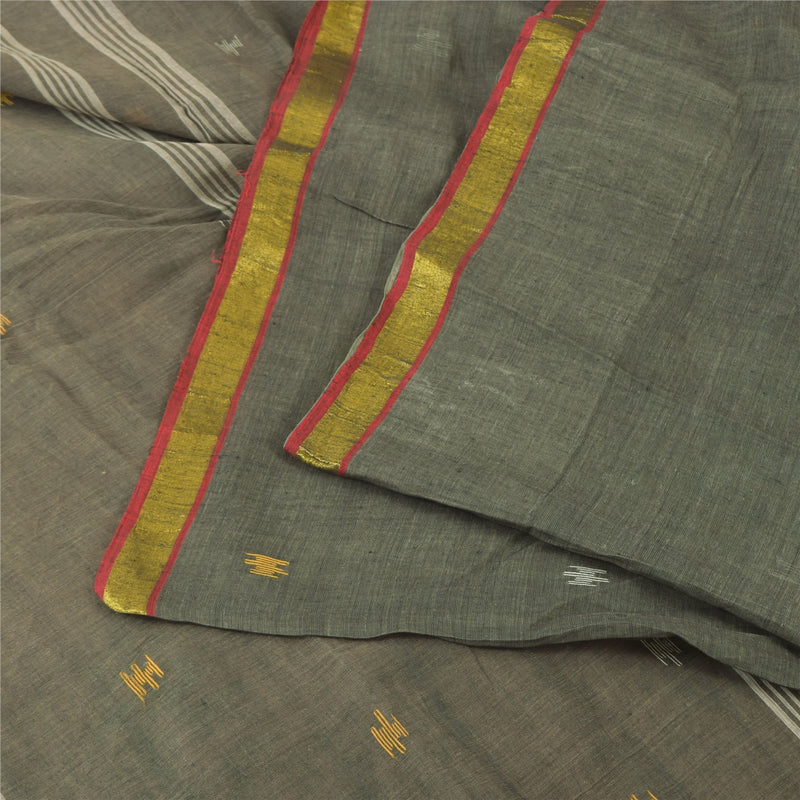 Sanskriti Vintage Gray Cotton Sari: Indian Woven Fabric, Floral Border (5yd) Design- Dresses, Kaftans, Skirts, or Blouses,DIY Projects