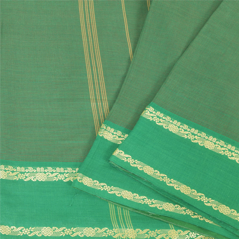 Sanskriti Vintage Green Pure Cotton Sari: Woven Striped Craft (5+Yd) Boho Quilting Material For DIY Projects Upcycled Remnant Fabric