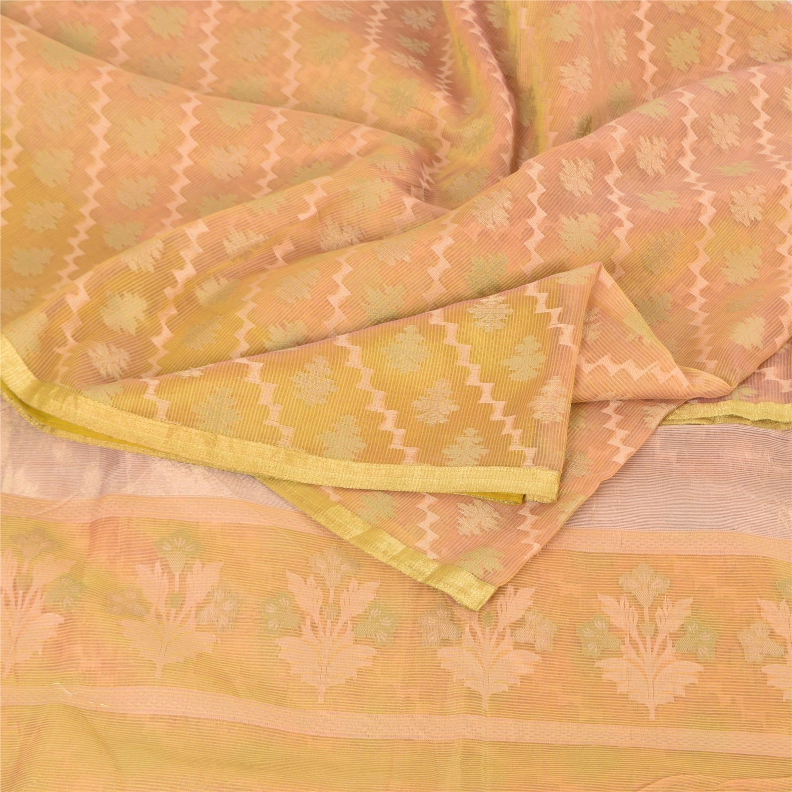 Sanskriti Vintage Yellow/Green Sarees Cotton Silk Woven Premium Sari 5+yd Sustainable Fabric