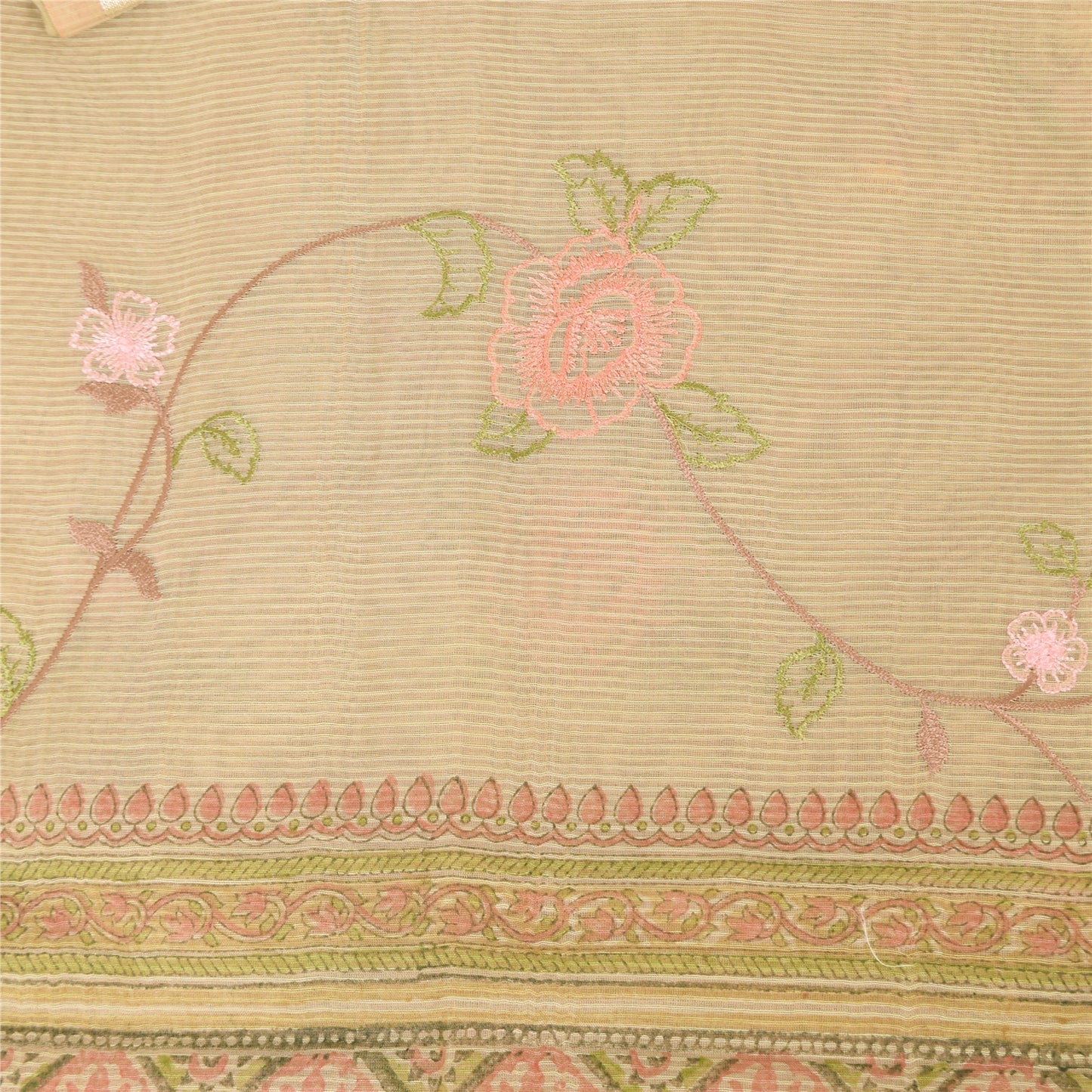 Sanskriti Vintage Indian Cream Sarees Blend Cotton Embroidered Sari Craft Sustainable Fabric