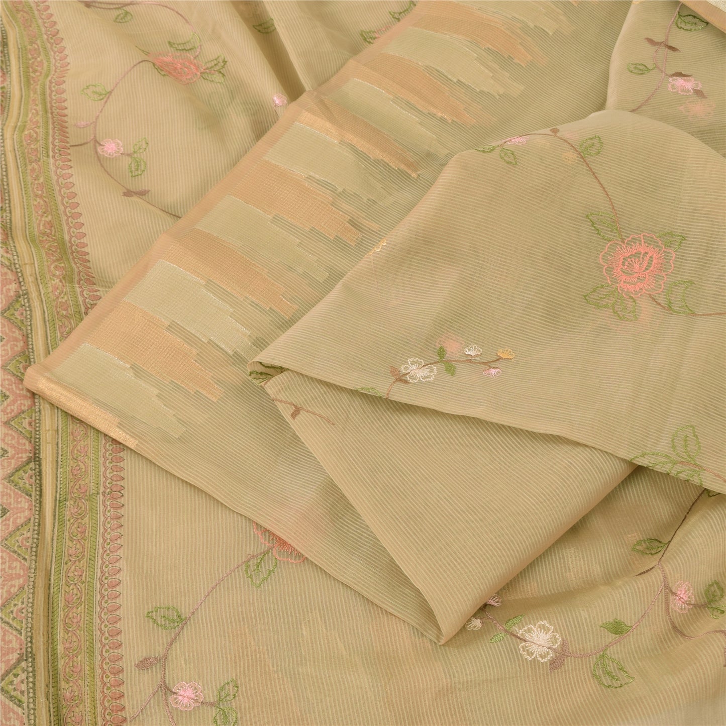 Sanskriti Vintage Indian Cream Sarees Blend Cotton Embroidered Sari Craft Sustainable Fabric