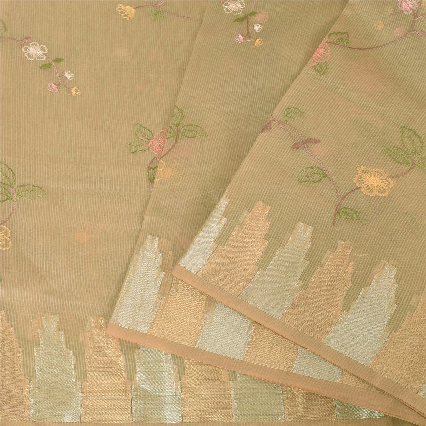 Sanskriti Vintage Indian Cream Sarees Blend Cotton Embroidered Sari Craft Sustainable Fabric