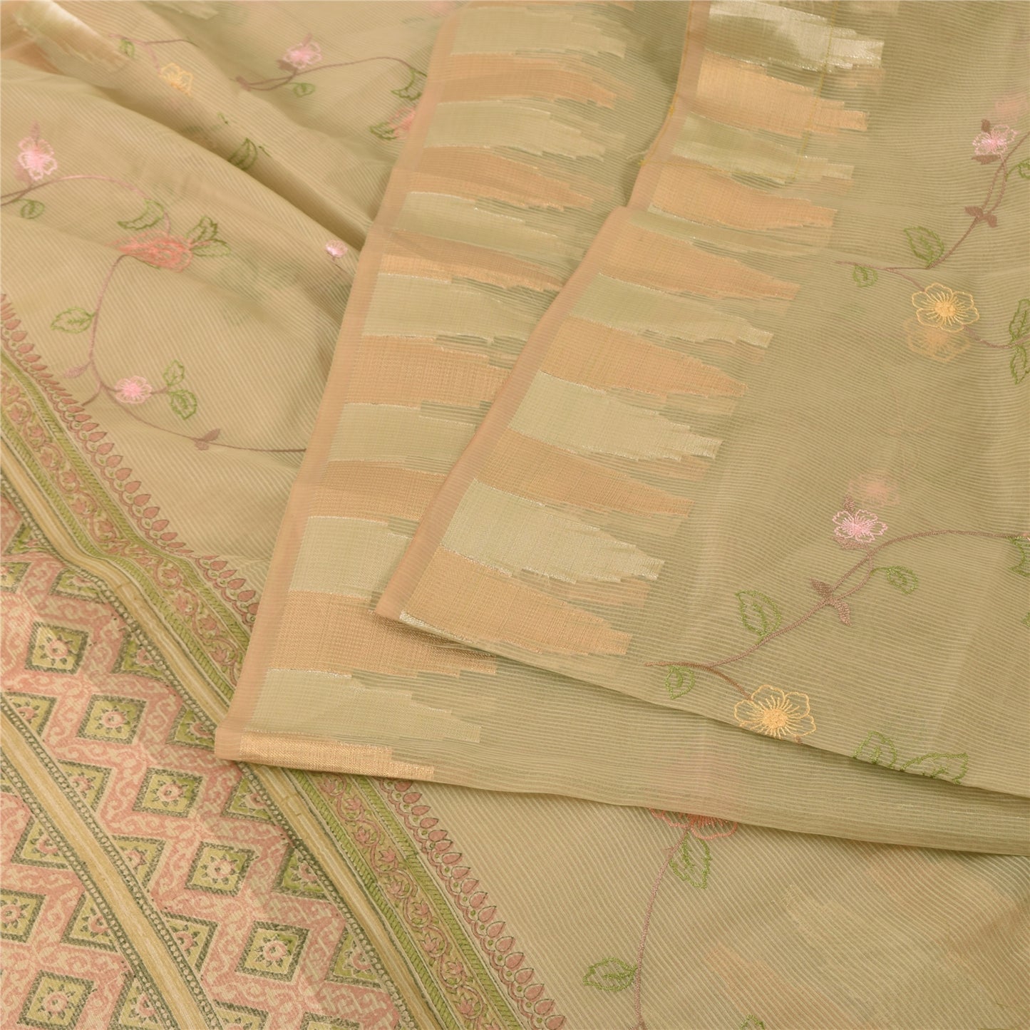 Sanskriti Vintage Indian Cream Sarees Blend Cotton Embroidered Sari Craft Sustainable Fabric