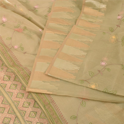 Sanskriti Vintage Indian Cream Sarees Blend Cotton Embroidered Sari Craft Sustainable Fabric