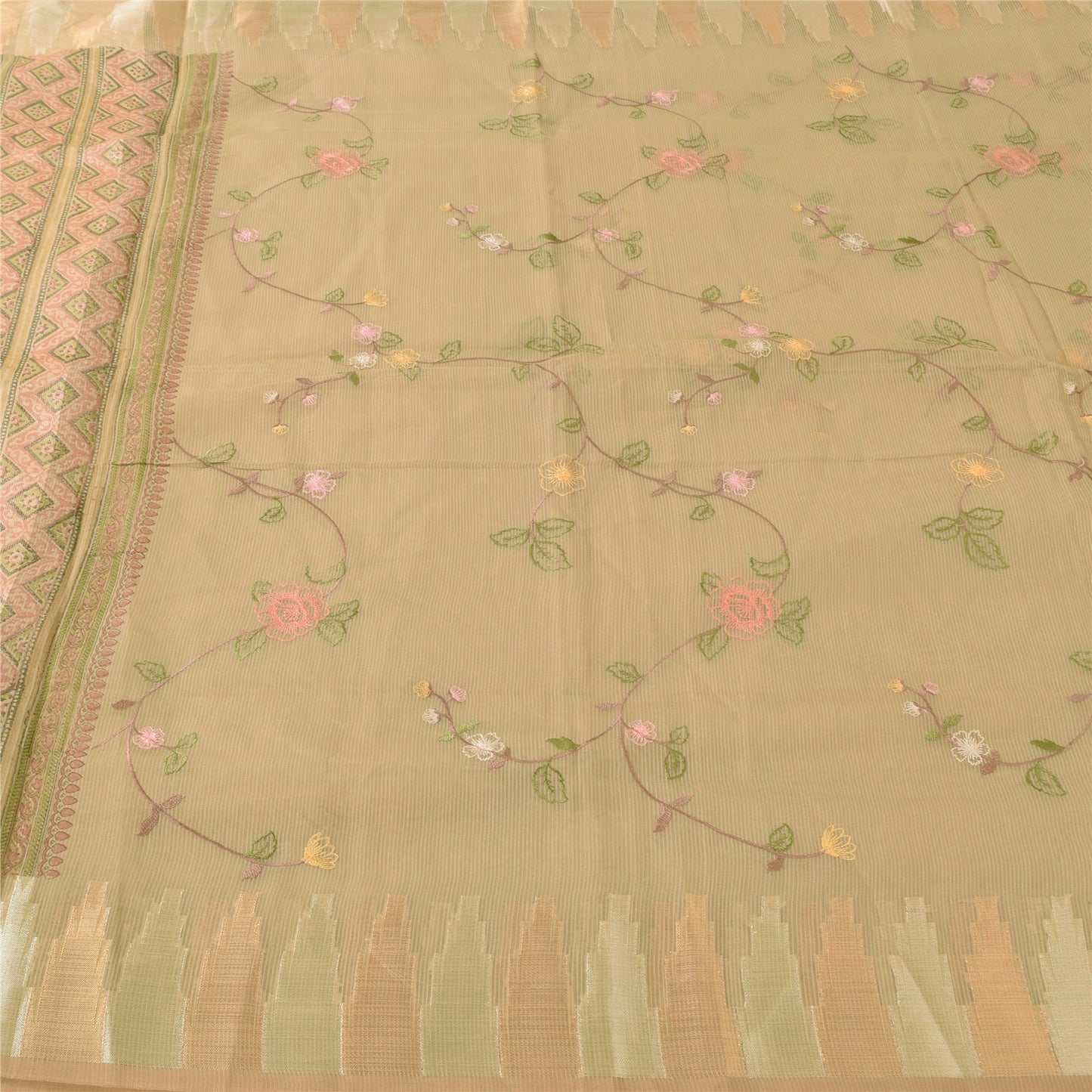 Sanskriti Vintage Indian Cream Sarees Blend Cotton Embroidered Sari Craft Sustainable Fabric