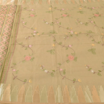 Sanskriti Vintage Indian Cream Sarees Blend Cotton Embroidered Sari Craft Sustainable Fabric