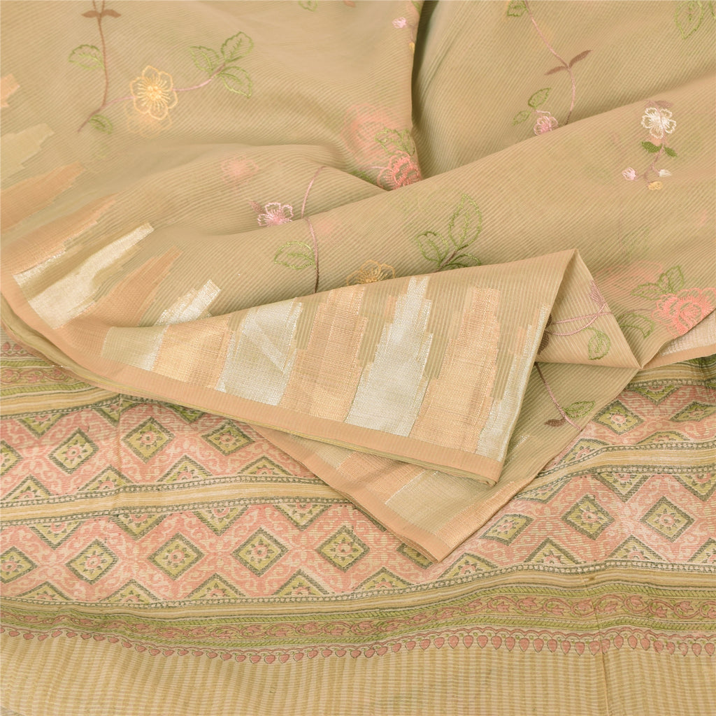 Sanskriti Vintage Indian Cream Sarees Blend Cotton Embroidered Sari Craft Sustainable Fabric