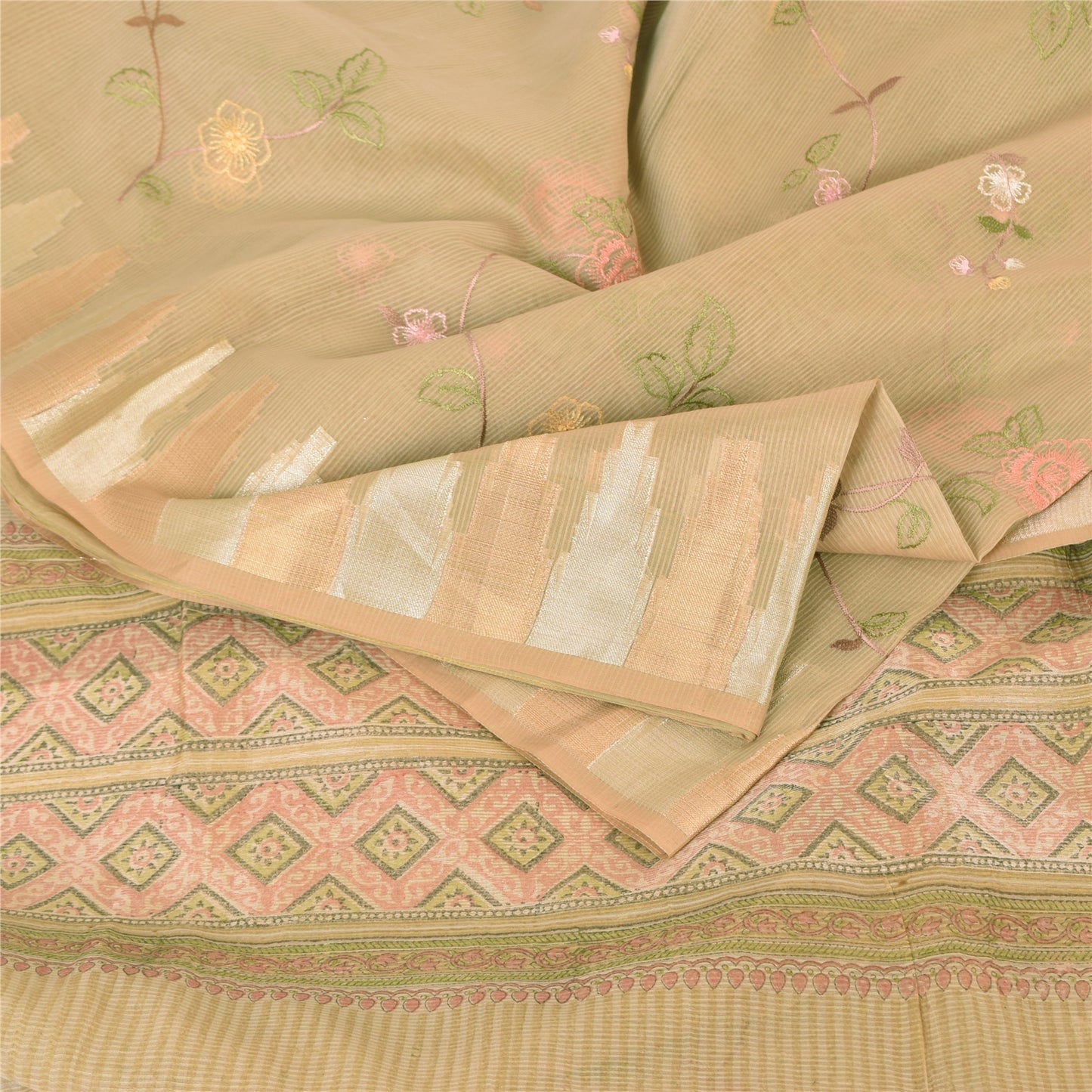 Sanskriti Vintage Indian Cream Sarees Blend Cotton Embroidered Sari Craft Sustainable Fabric