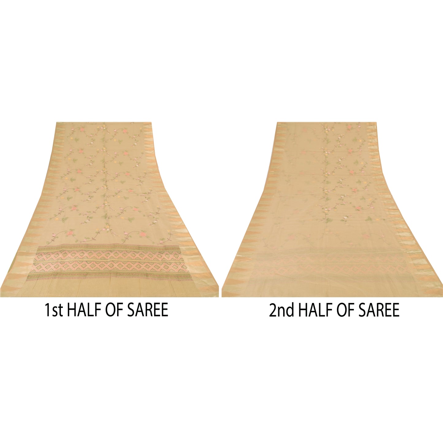 Sanskriti Vintage Indian Cream Sarees Blend Cotton Embroidered Sari Craft Sustainable Fabric