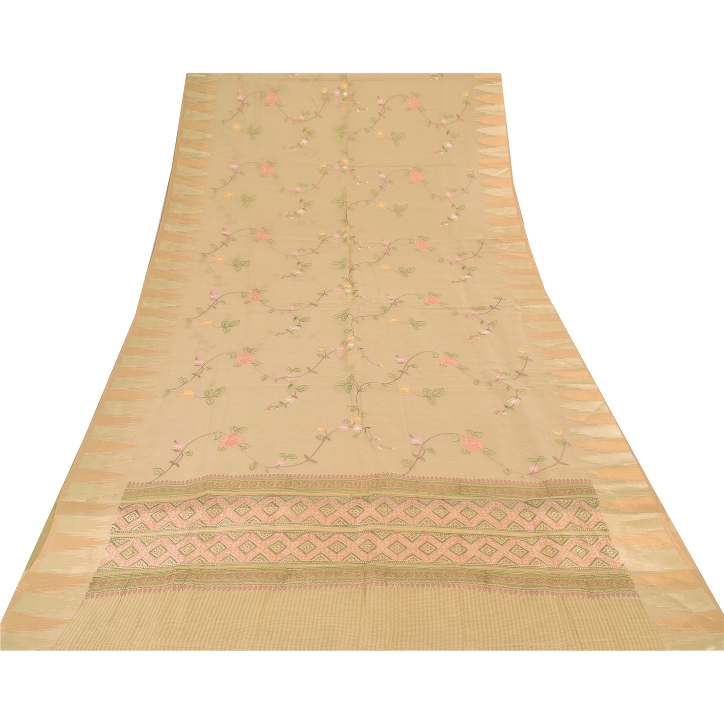 Sanskriti Vintage Indian Cream Sarees Blend Cotton Embroidered Sari Craft Sustainable Fabric