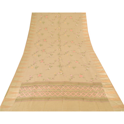 Sanskriti Vintage Indian Cream Sarees Blend Cotton Embroidered Sari Craft Sustainable Fabric