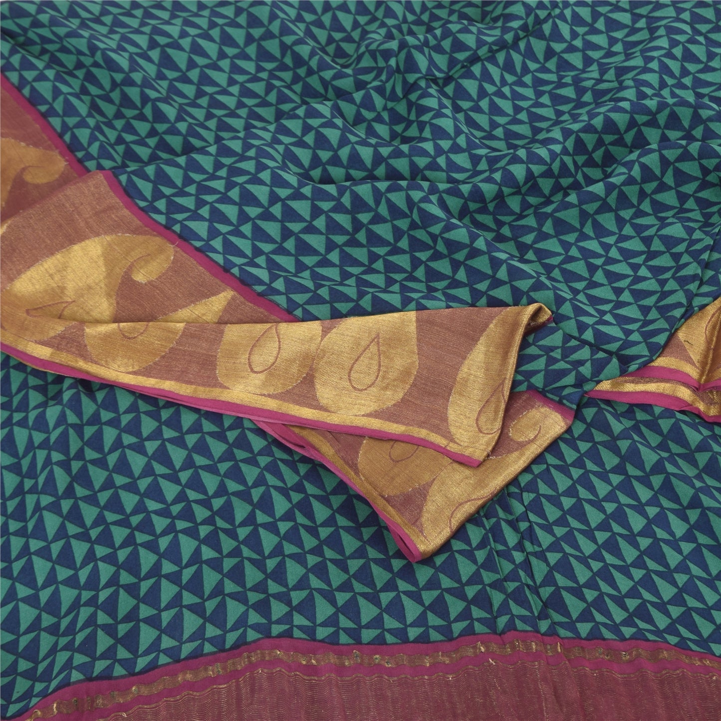 Sanskriti Vintage Blue/Green Sarees Pure Georgette Printed Woven Sari 5yd Sustainable Fabric