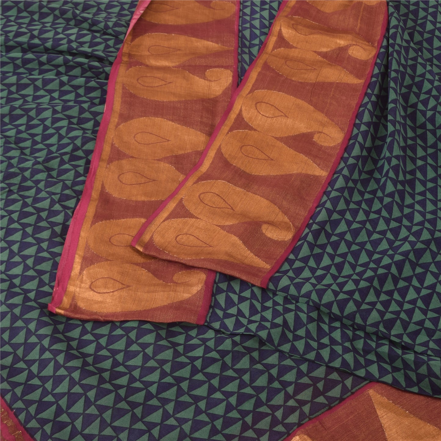 Sanskriti Vintage Blue/Green Sarees Pure Georgette Printed Woven Sari 5yd Sustainable Fabric