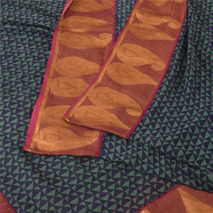 Sanskriti Vintage Blue/Green Sarees Pure Georgette Printed Woven Sari 5yd Sustainable Fabric