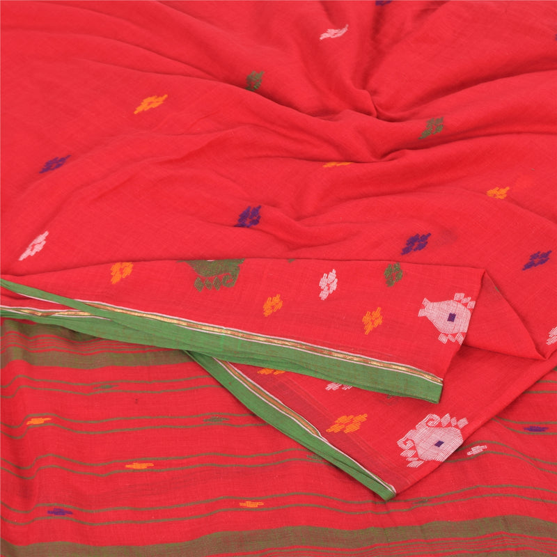 Sanskriti Vintage Saree Red 100% Pure Cotton 5+Yd Saree Hand Woven Tant From West Bengal Of India Craft Authentic Eco-Friendly Fabric