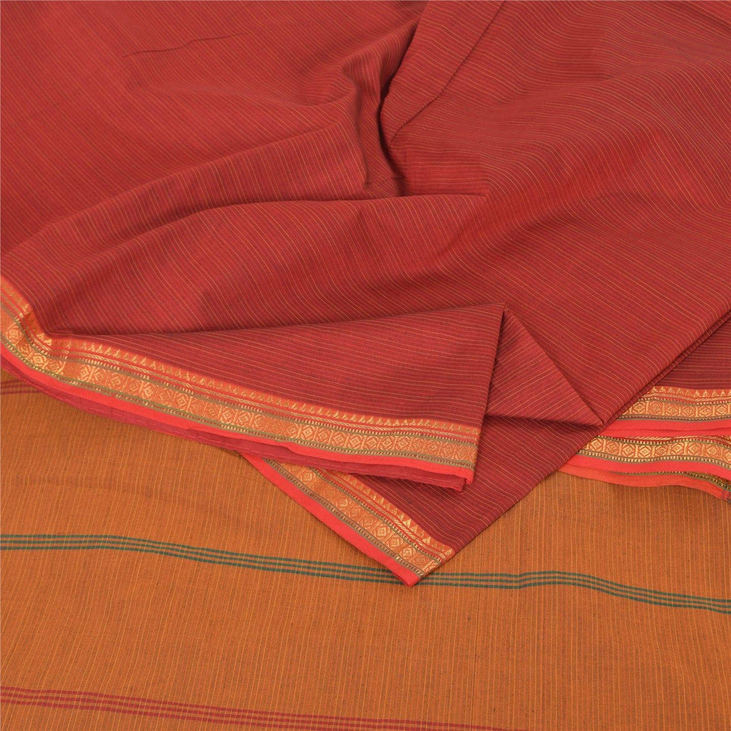 Sanskriti Vintage Red/Brown Sarees Pure Cotton Woven Premium Sari Craft Sustainable Fabric