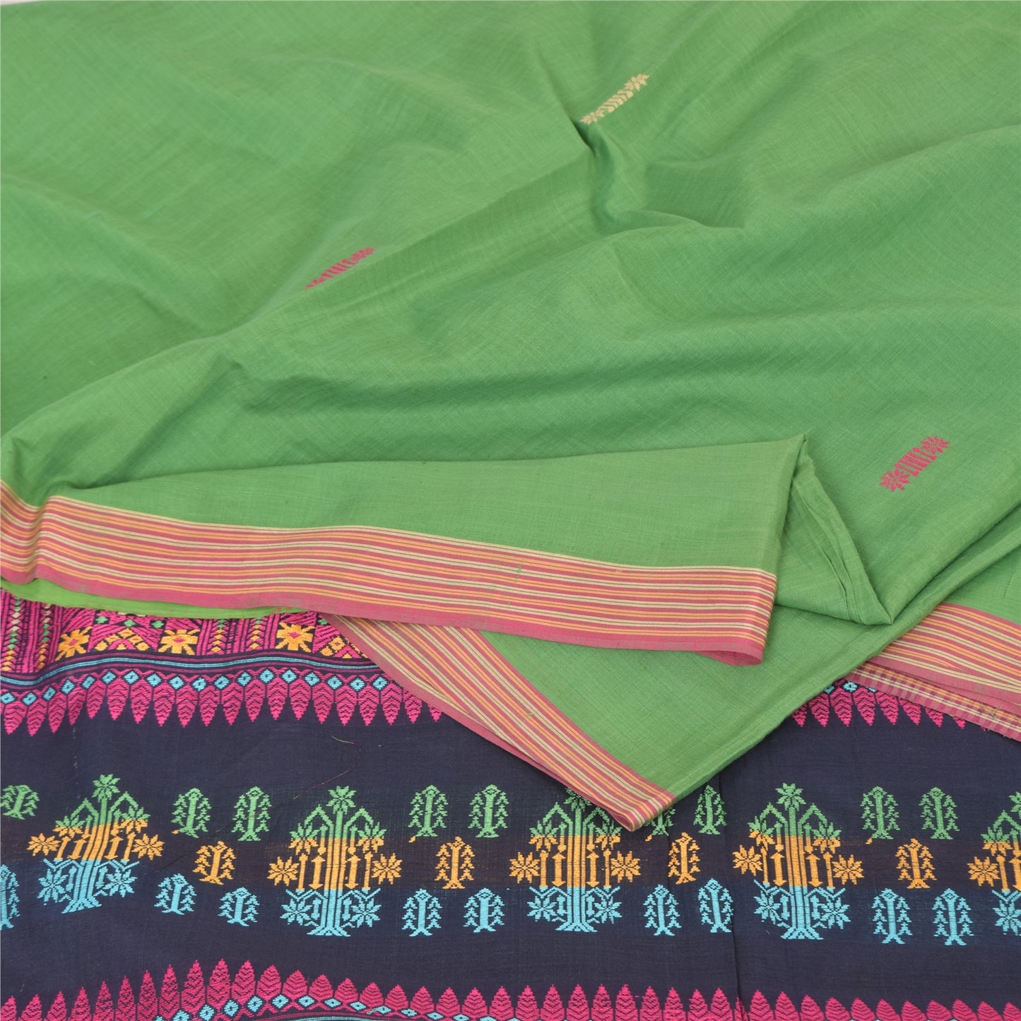 Sanskriti Vintage Dark Blue/Green Sarees Pure Cotton Woven Premium Sari Sustainable Fabric