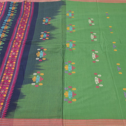 Sanskriti Vintage Dark Blue/Green Sarees Pure Cotton Woven Premium Sari Sustainable Fabric